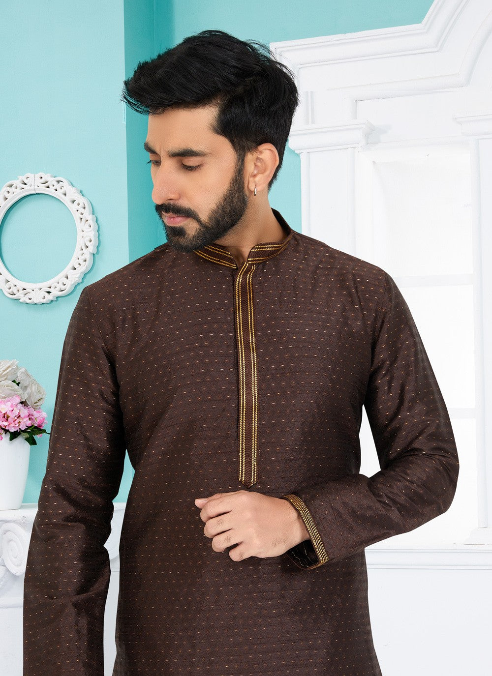 Jacquard Work Cotton , Jacquard Brown Kurta Pyjama - M4933