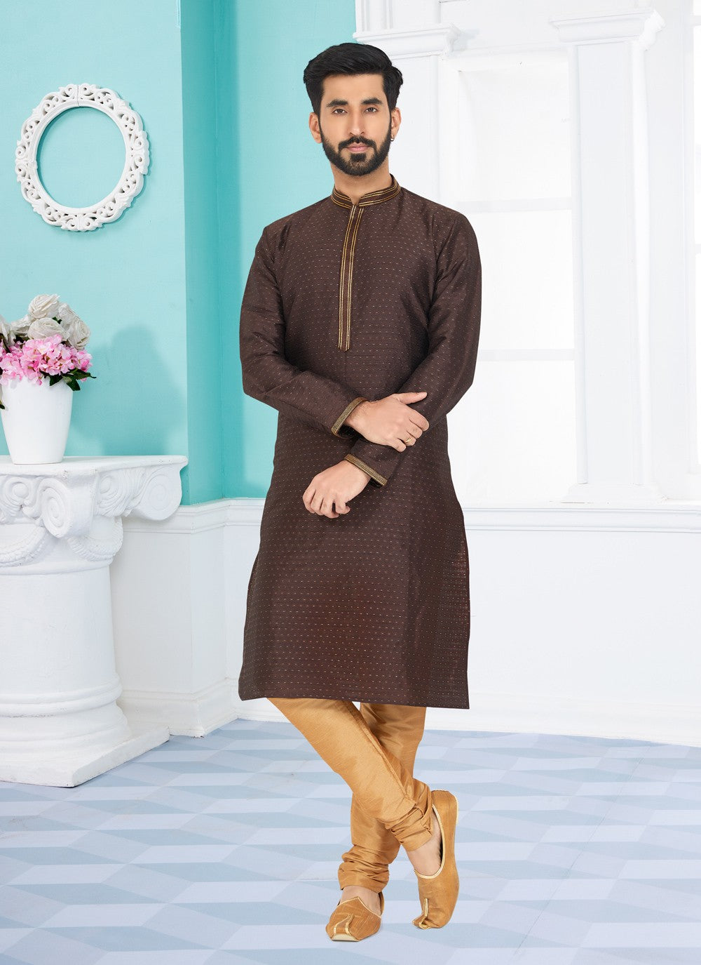 Jacquard Work Cotton , Jacquard Brown Kurta Pyjama - M4933