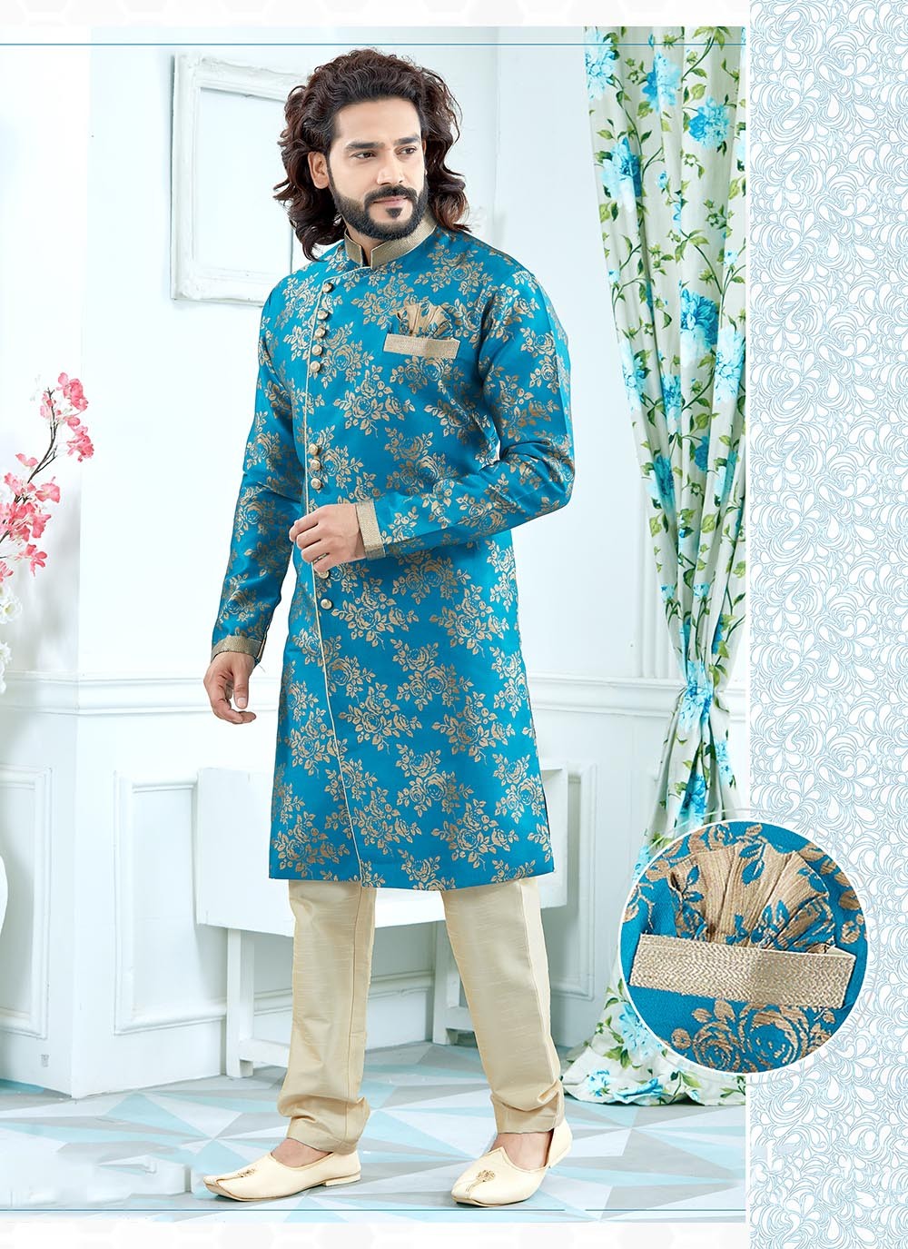 Jacquard Work Jacquard Aqua Blue Indo Western - M2117