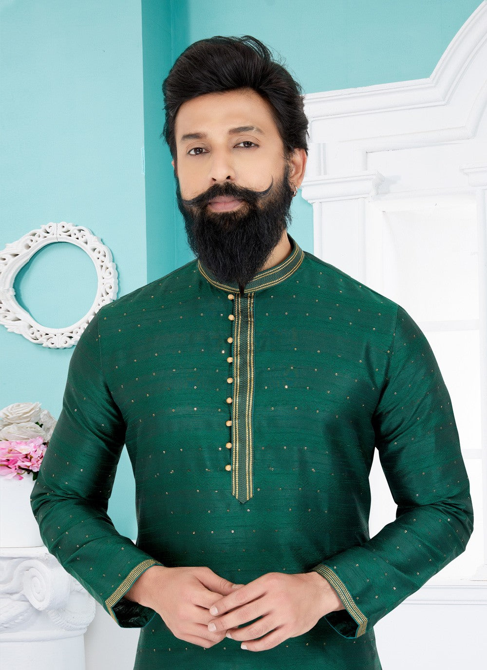 Jacquard Work Cotton , Jacquard Green Kurta Pyjama - M4941