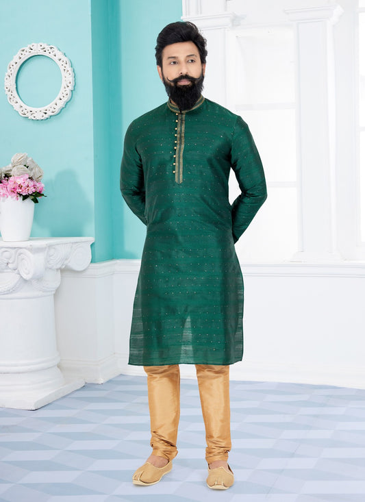 Jacquard Work Cotton , Jacquard Green Kurta Pyjama - M4941