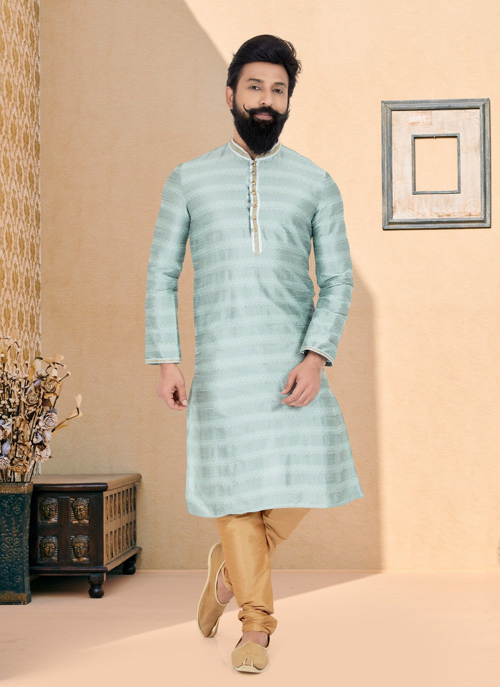 Jacquard Work Brocade, Jacquard Grey Kurta Pyjama - M4939