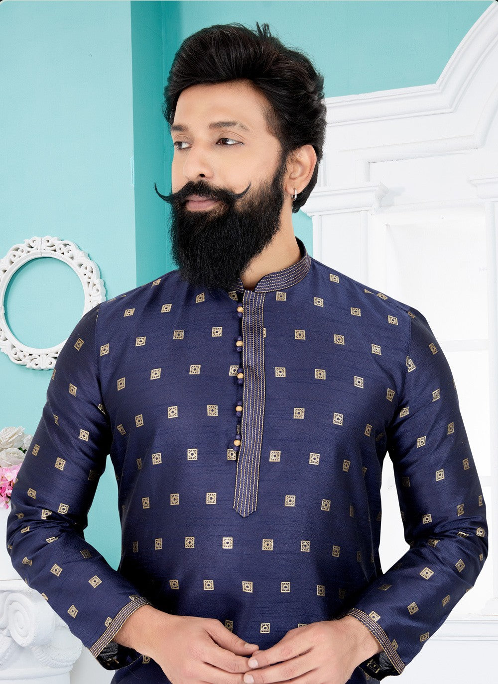 Jacquard Work Dupion Silk, Jacquard Navy Blue Kurta Pyjama - M4927