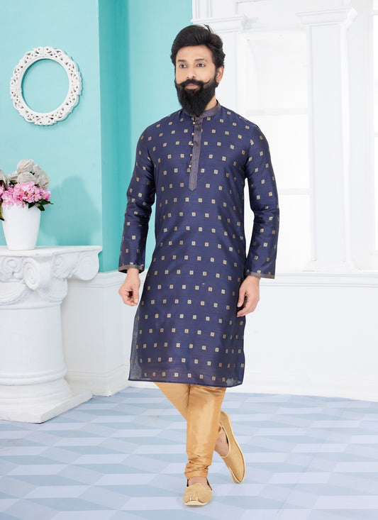 Jacquard Work Dupion Silk, Jacquard Navy Blue Kurta Pyjama - M4927