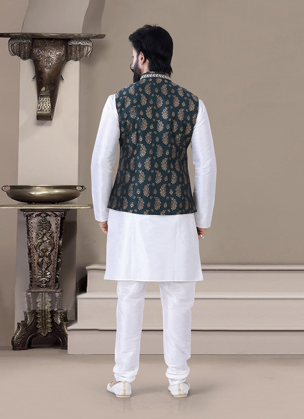 Embroidered Jacquard, Silk Teal , White Kurta Payjama With Jacket - M3473