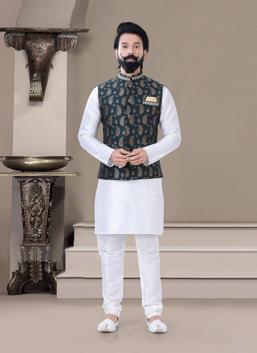 Embroidered Jacquard, Silk Teal , White Kurta Payjama With Jacket - M3473