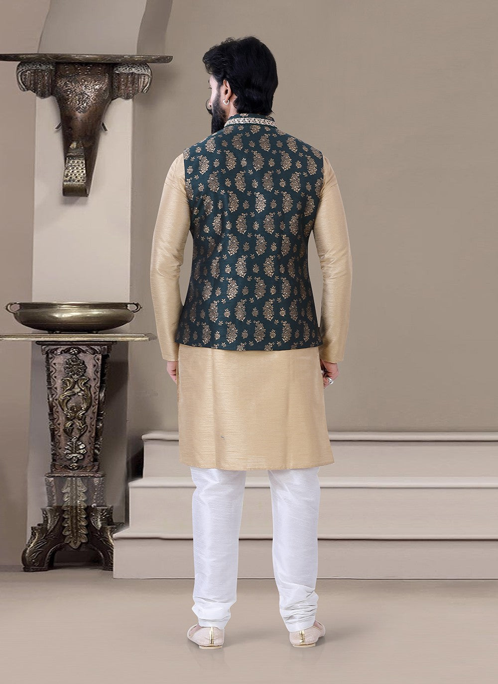 Embroidered Jacquard, Silk Beige, Teal Kurta Payjama With Jacket - M3449