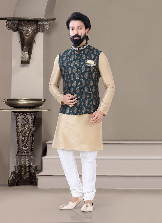 Embroidered Jacquard, Silk Beige, Teal Kurta Payjama With Jacket - M3449