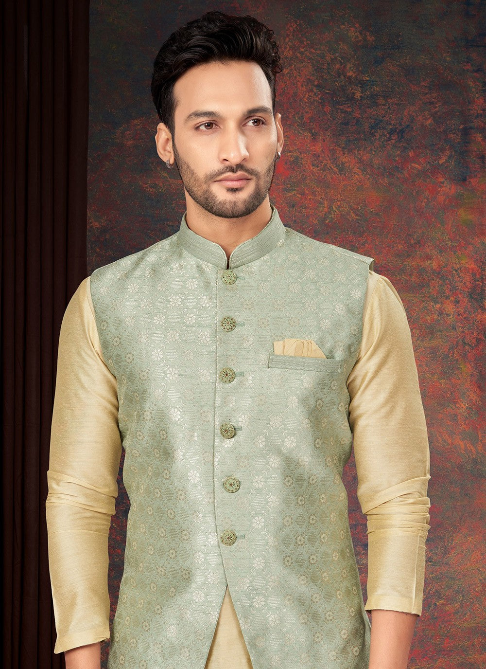 Fancy Work Jacquard Cream, Green Kurta Payjama With Jacket - M7183