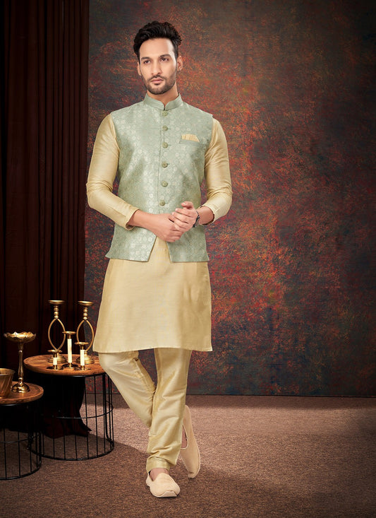 Fancy Work Jacquard Cream, Green Kurta Payjama With Jacket - M7183