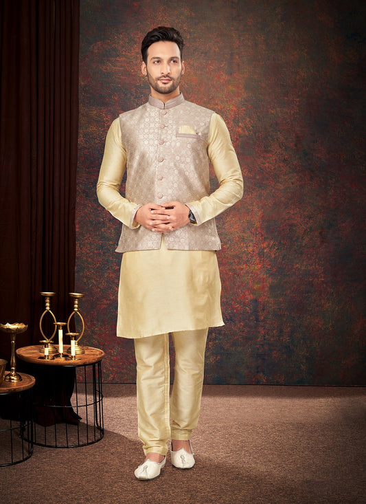 Fancy Work Jacquard Cream, Mauve Kurta Payjama With Jacket - M7182