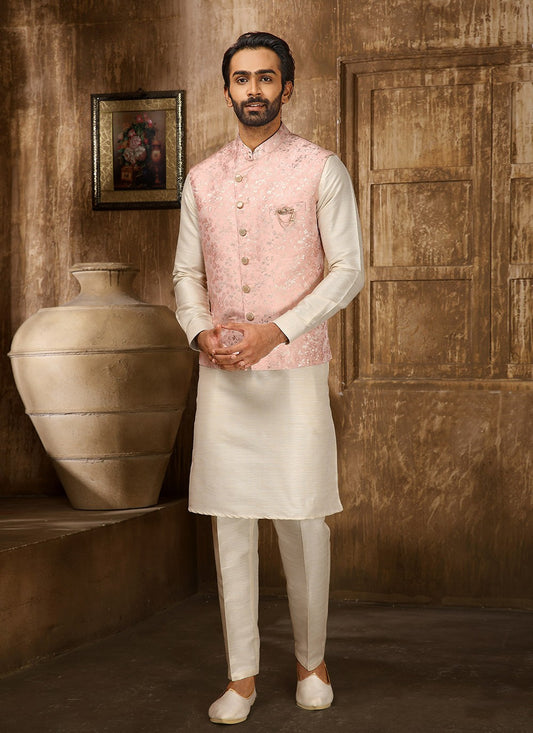 Embroidered Jacquard Cream, Pink Kurta Payjama With Jacket - M4282