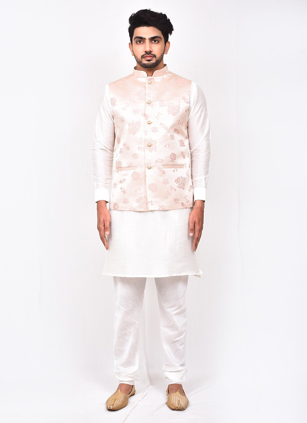 Buttons Art Silk, Jacquard Pink, White Kurta Payjama With Jacket - M3261