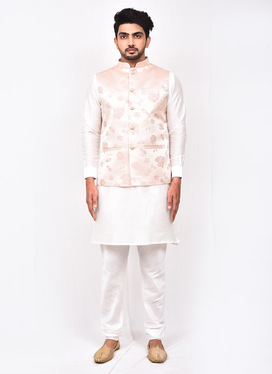 Buttons Art Silk, Jacquard Pink, White Kurta Payjama With Jacket - M3261