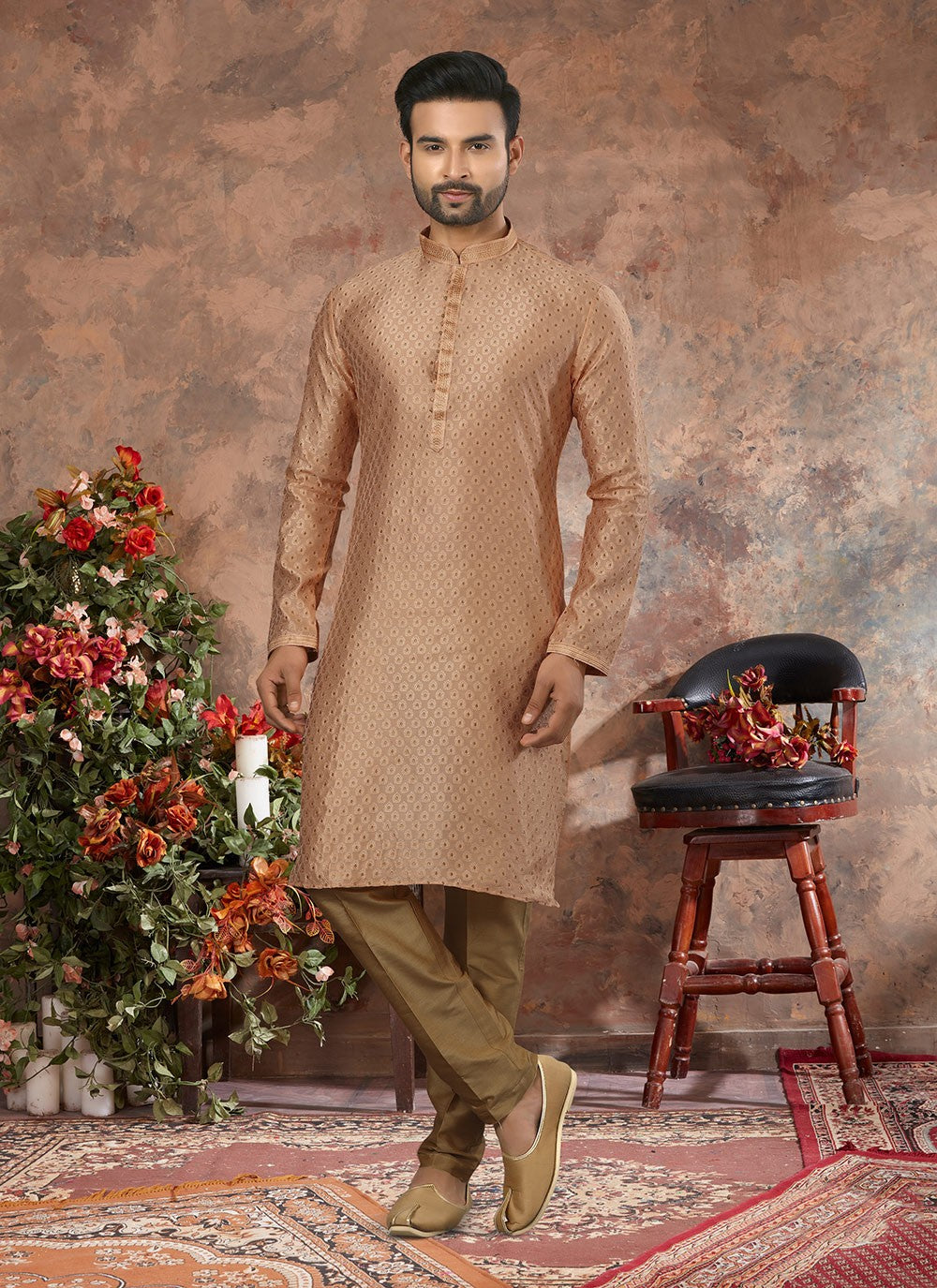 Thread Jacquard Beige Kurta Pyjama - M3020