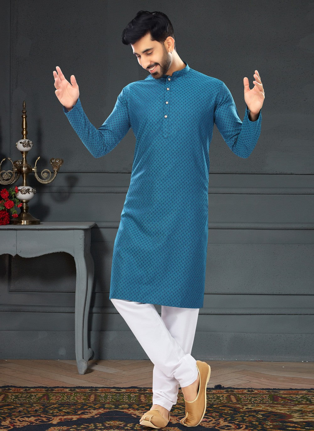 Fancy Work Cotton , Jacquard Blue Kurta Pyjama - M4746