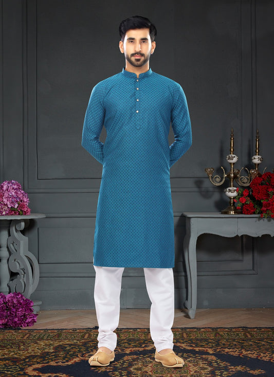 Fancy Work Cotton , Jacquard Blue Kurta Pyjama - M4746