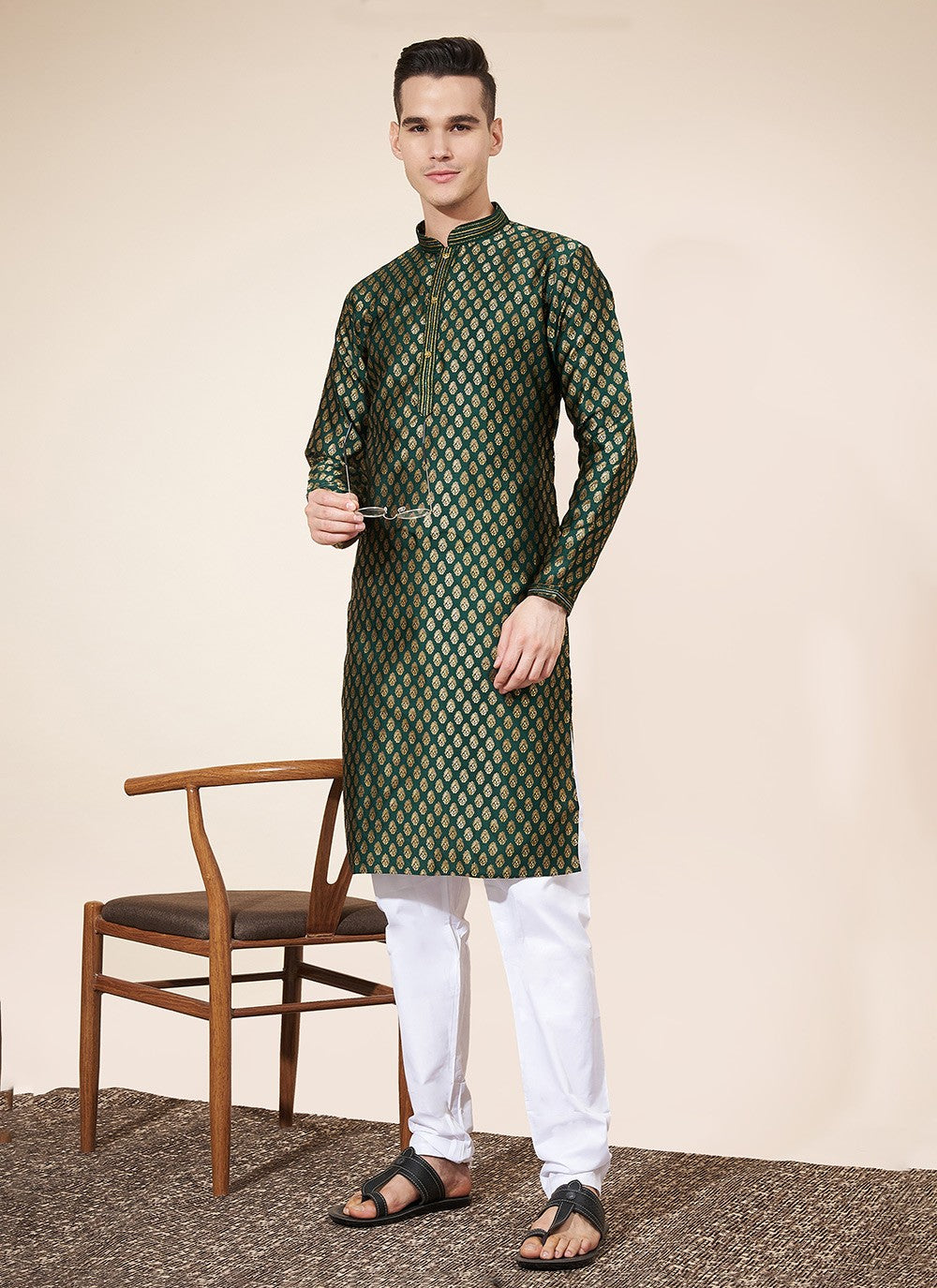 Pintex Jacquard Green Kurta Pyjama - M8038