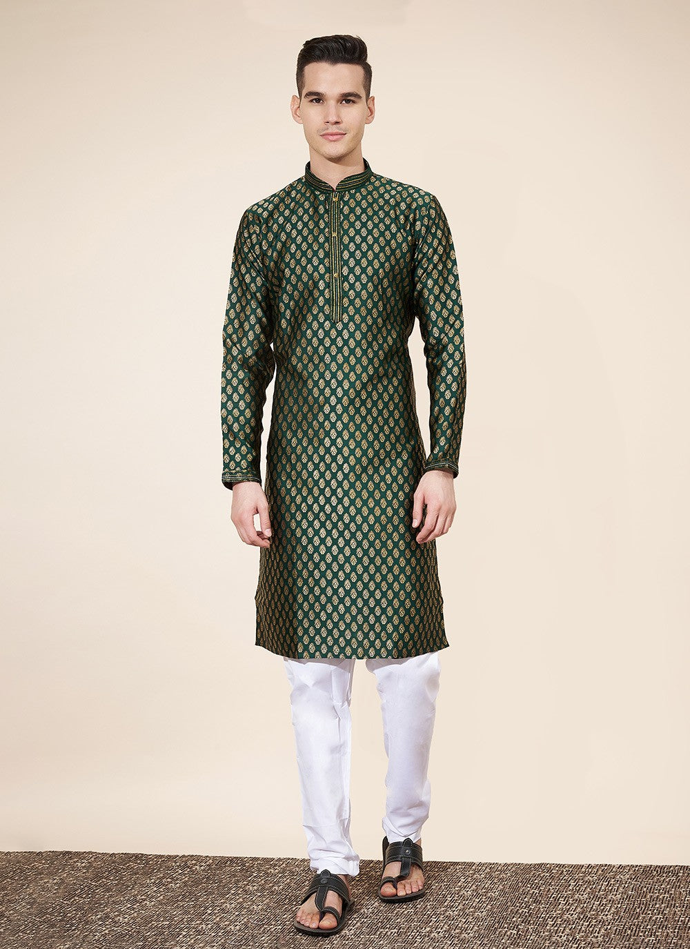 Pintex Jacquard Green Kurta Pyjama - M8038