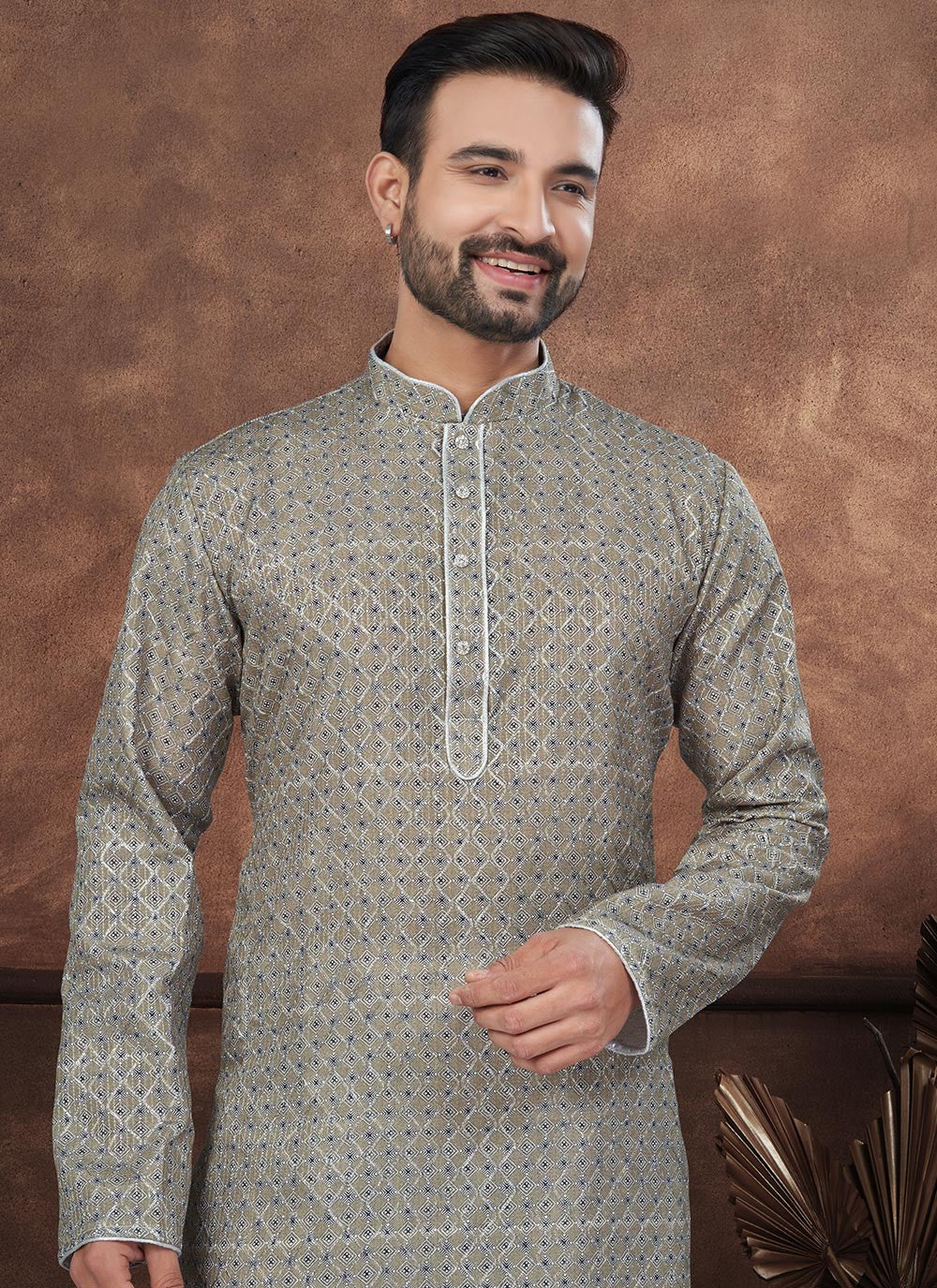 Digital Print Jacquard Green Kurta Pyjama - M8704