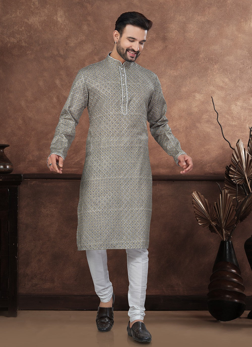 Digital Print Jacquard Green Kurta Pyjama - M8704