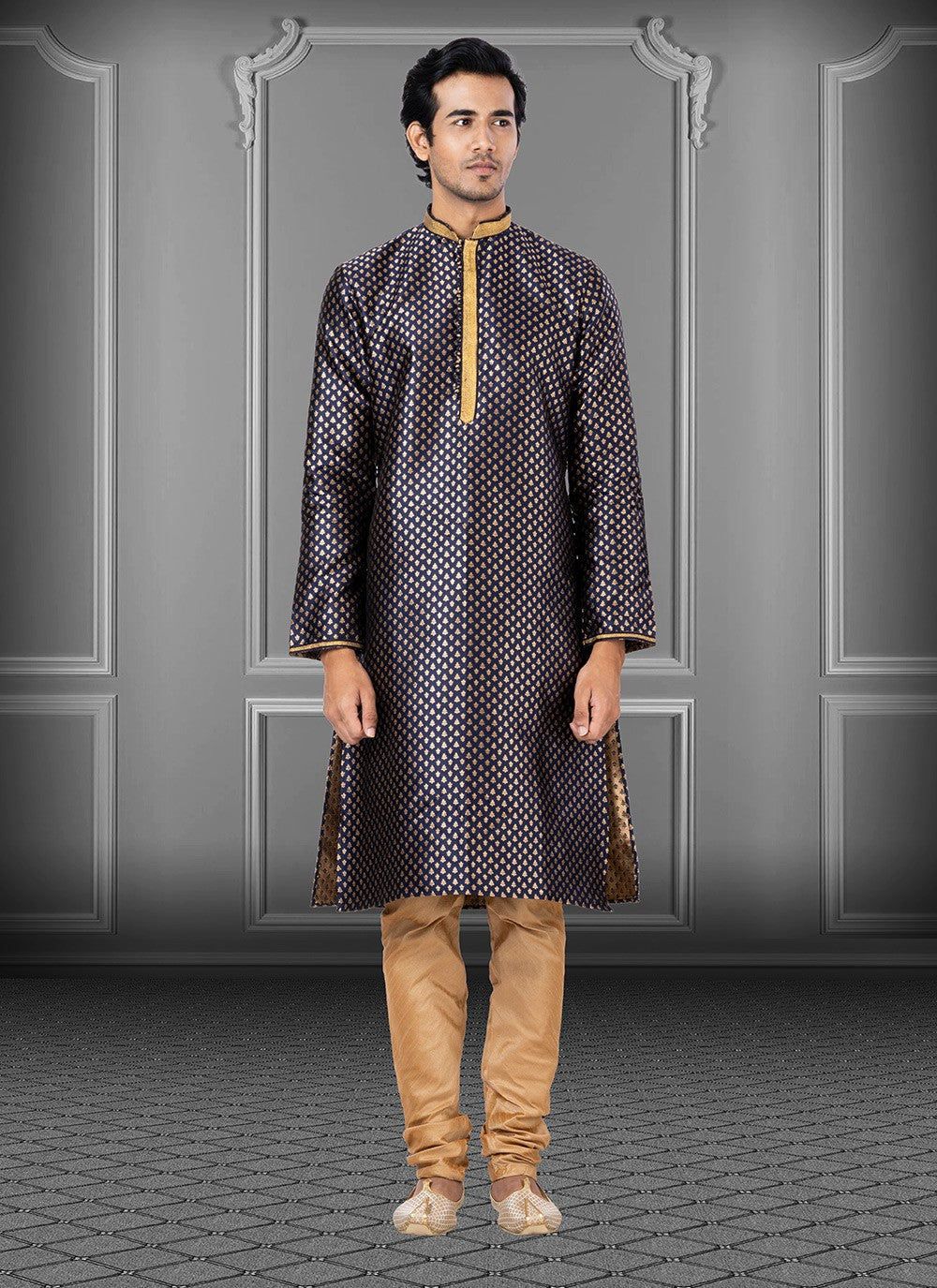 Embroidered Jacquard Navy Blue Kurta Pyjama - M3663