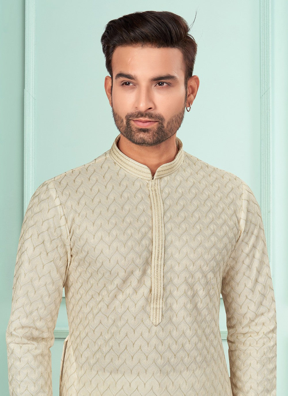 Embroidered Jacquard Off White Kurta Pyjama - M7256