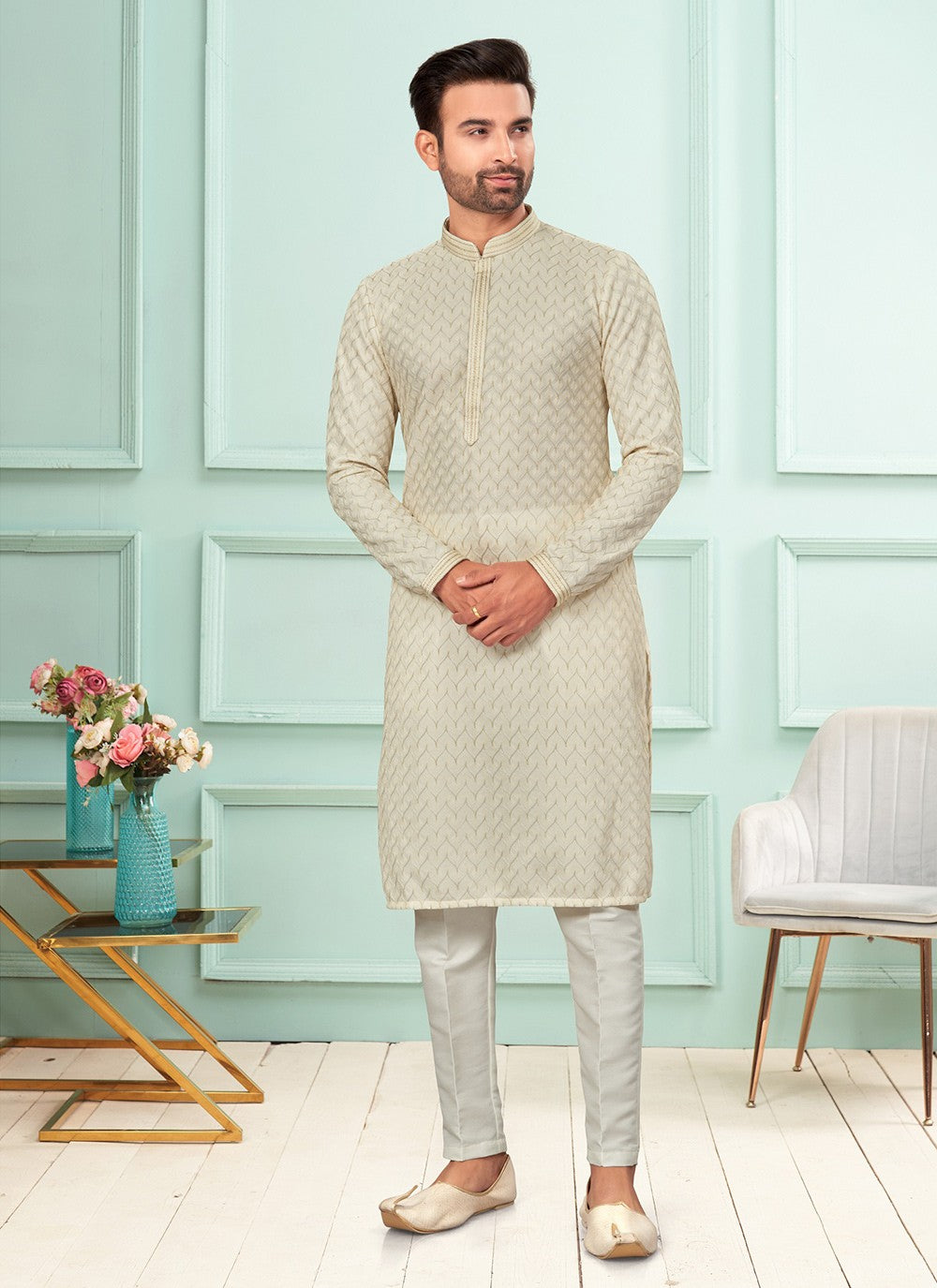 Embroidered Jacquard Off White Kurta Pyjama - M7256