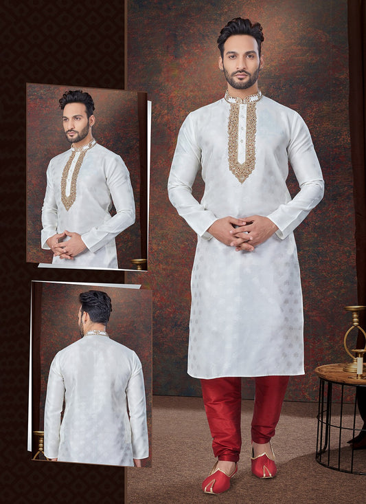 Machine Embroidery Jacquard Off White Kurta Pyjama - M7602