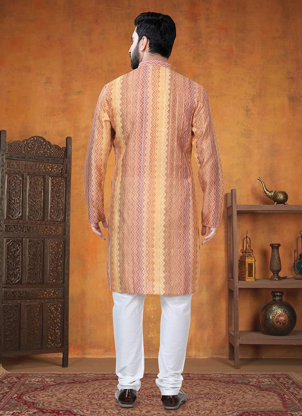 Printed Jacquard Orange, Yellow Kurta Pyjama - M8799