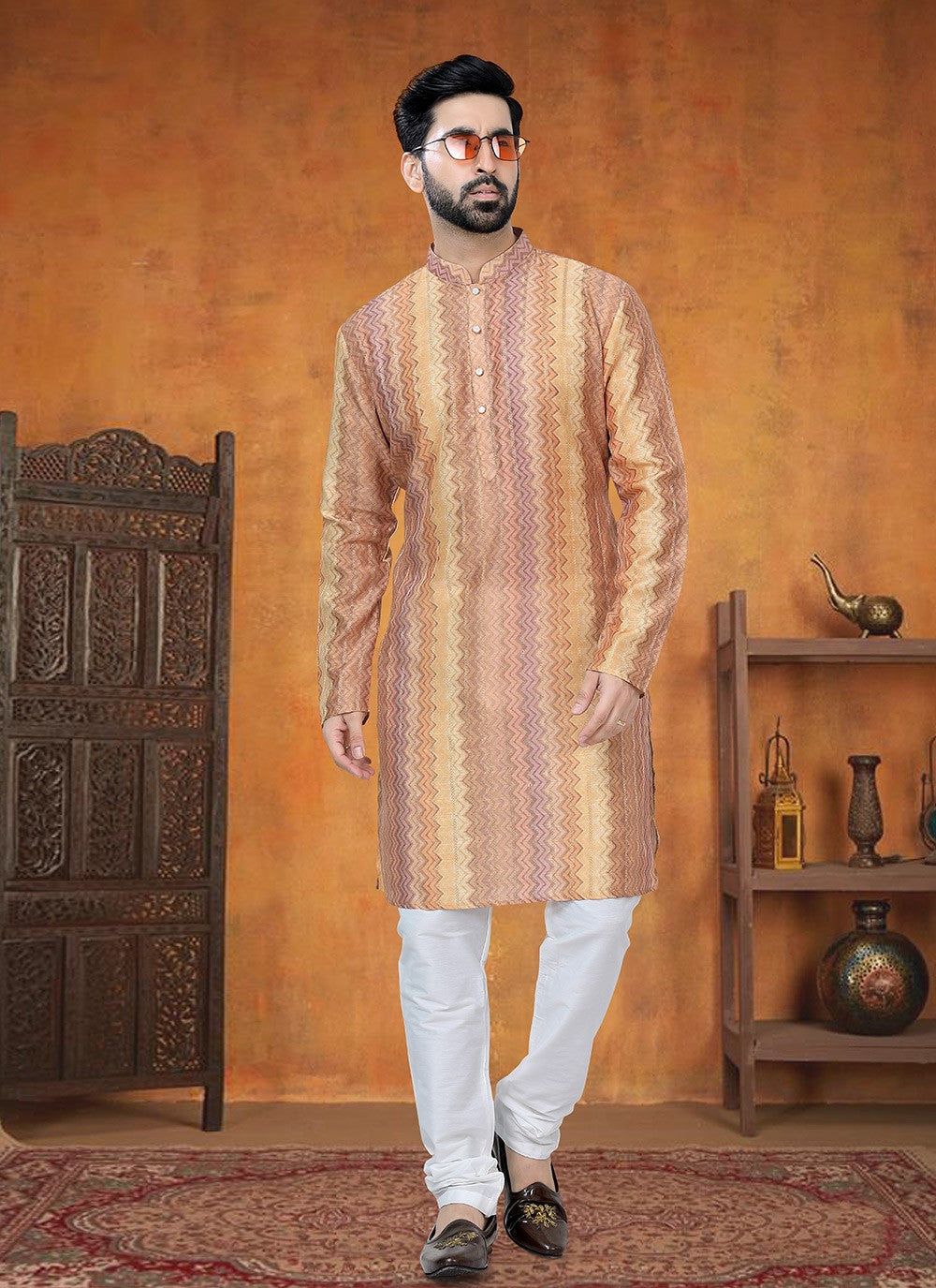 Printed Jacquard Orange, Yellow Kurta Pyjama - M8799