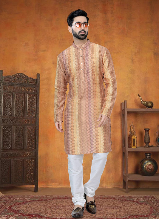 Printed Jacquard Orange, Yellow Kurta Pyjama - M8799