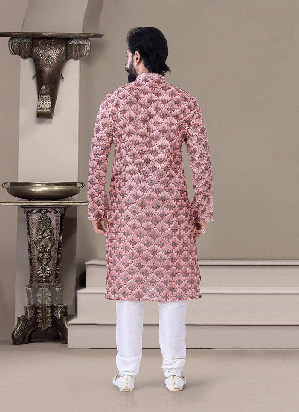 Printed Jacquard Pink Kurta Pyjama - M3461