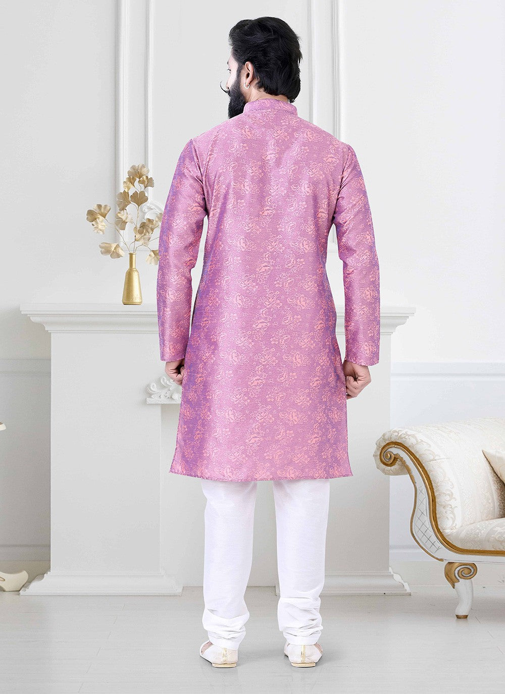 Printed Jacquard Pink Kurta Pyjama - M4171