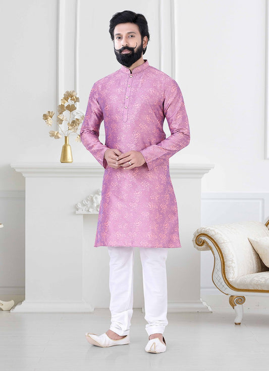 Printed Jacquard Pink Kurta Pyjama - M4171