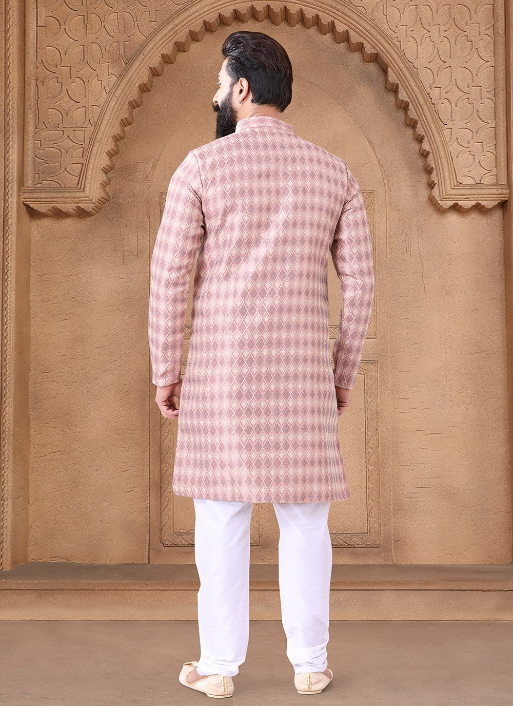 Fancy Work Jacquard Pink Kurta Pyjama - M7618