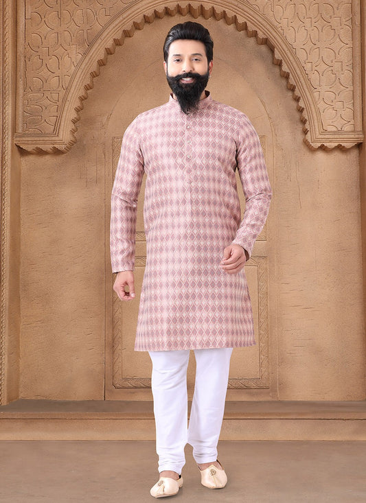 Fancy Work Jacquard Pink Kurta Pyjama - M7618