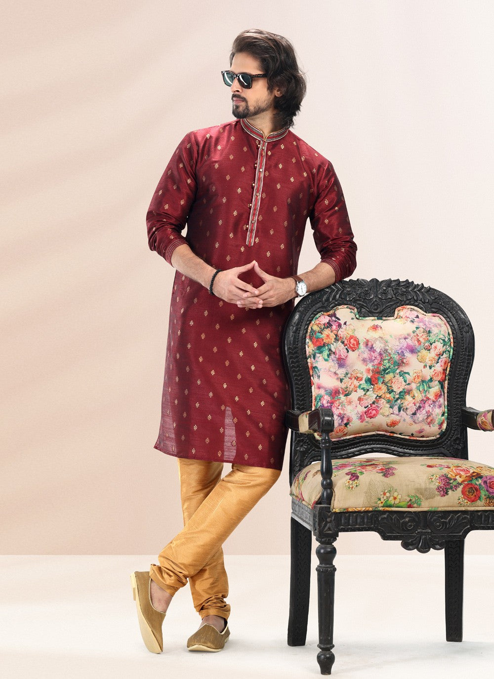 Fancy Work Banarasi Silk, Jacquard Wine Kurta Pyjama - M4842