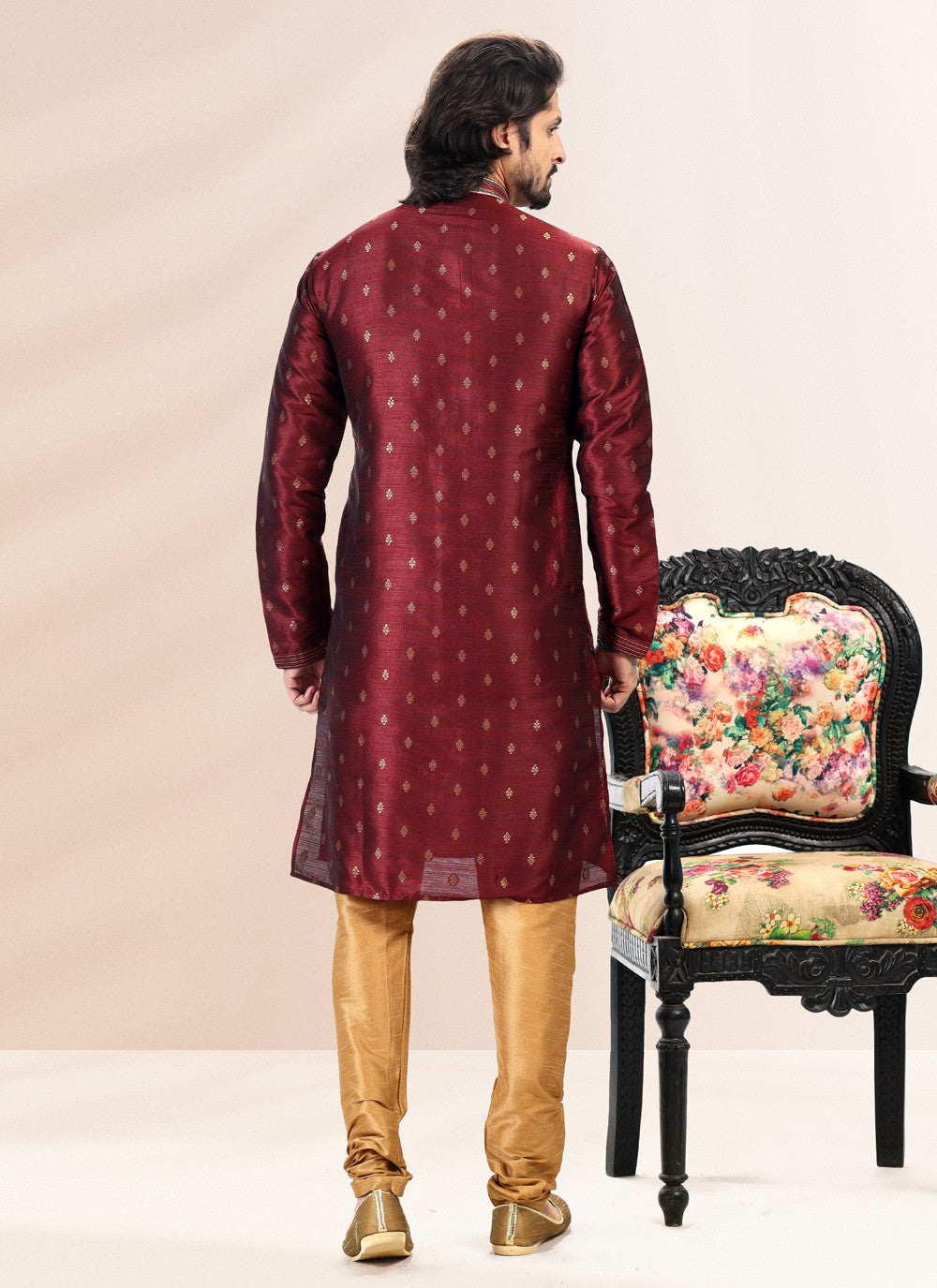 Fancy Work Banarasi Silk, Jacquard Wine Kurta Pyjama - M4842