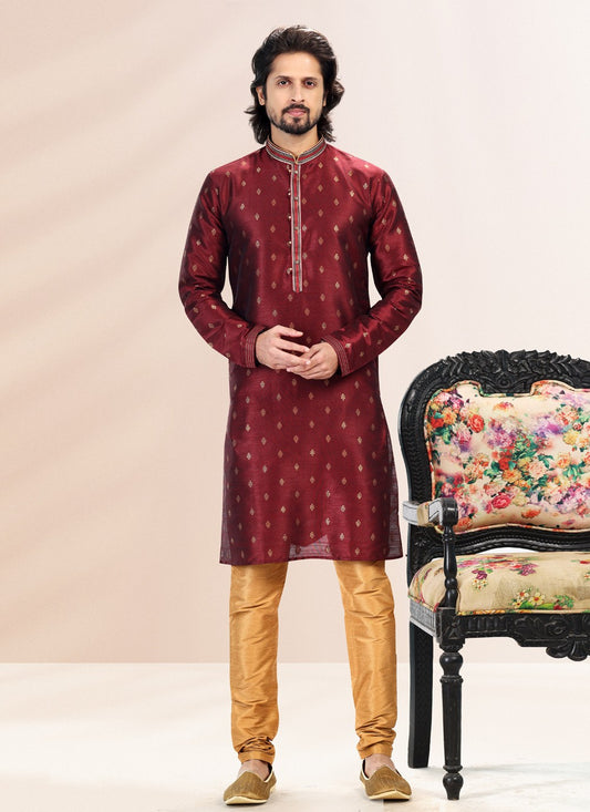 Fancy Work Banarasi Silk, Jacquard Wine Kurta Pyjama - M4842