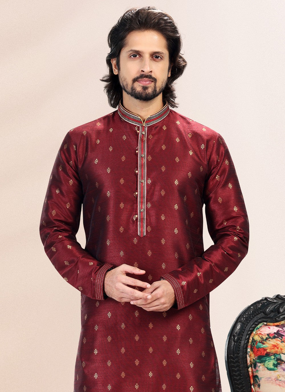 Fancy Work Banarasi Silk, Jacquard Wine Kurta Pyjama - M4842