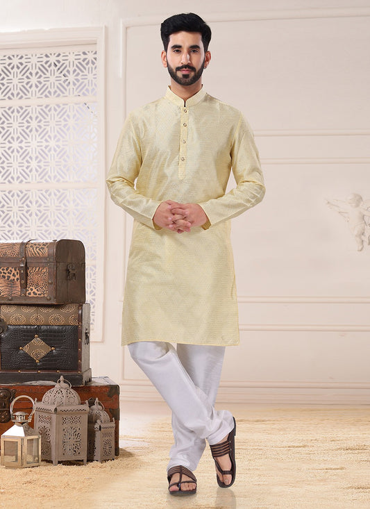 Embroidered Jacquard Yellow Kurta Pyjama - M4694