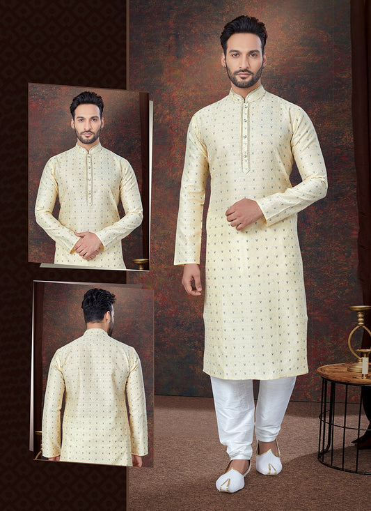 Machine Embroidery Jacquard Gold Kurta Pyjama - M7591