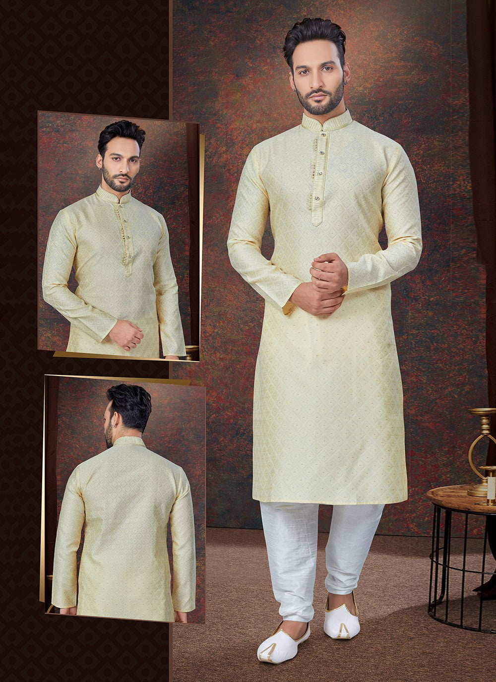 Machine Embroidery Jacquard Gold Kurta Pyjama - M7589