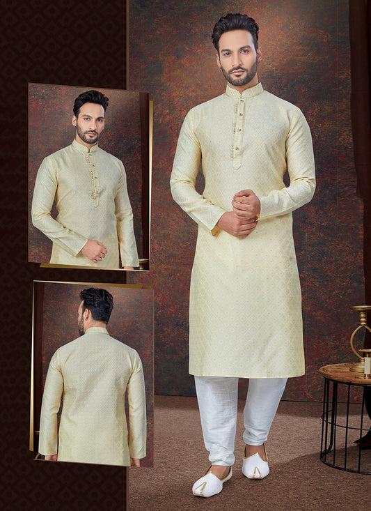 Machine Embroidery Jacquard Gold Kurta Pyjama - M7589