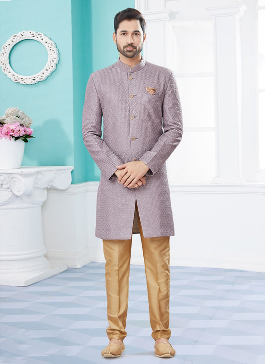 Machine Embroidery Jacquard Lavender Indo Western Sherwani - M3926