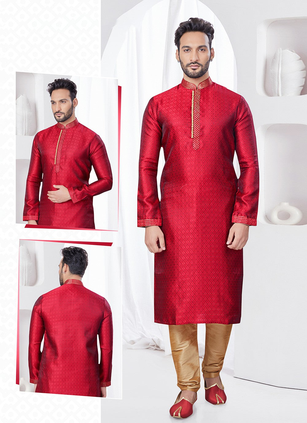 Machine Embroidery Jacquard Maroon Kurta Pyjama - M7549