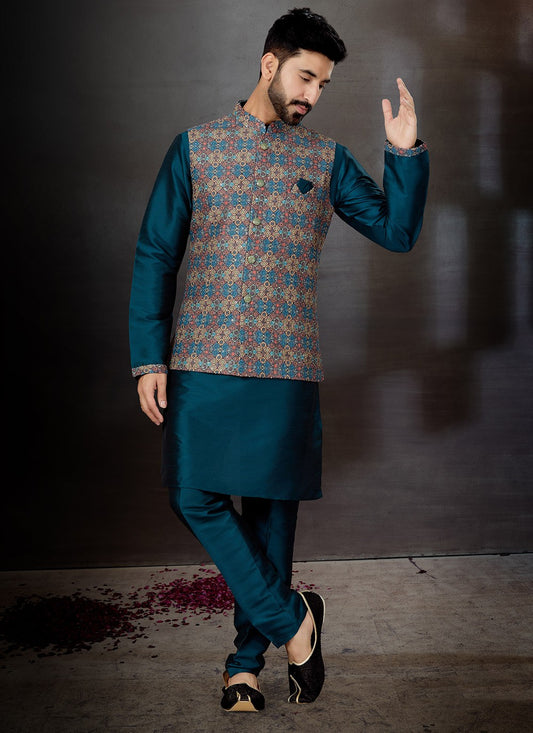 Embroidered Dupion Silk, Jacquard Multi Colour, Teal Kurta Payjama With Jacket - M4775