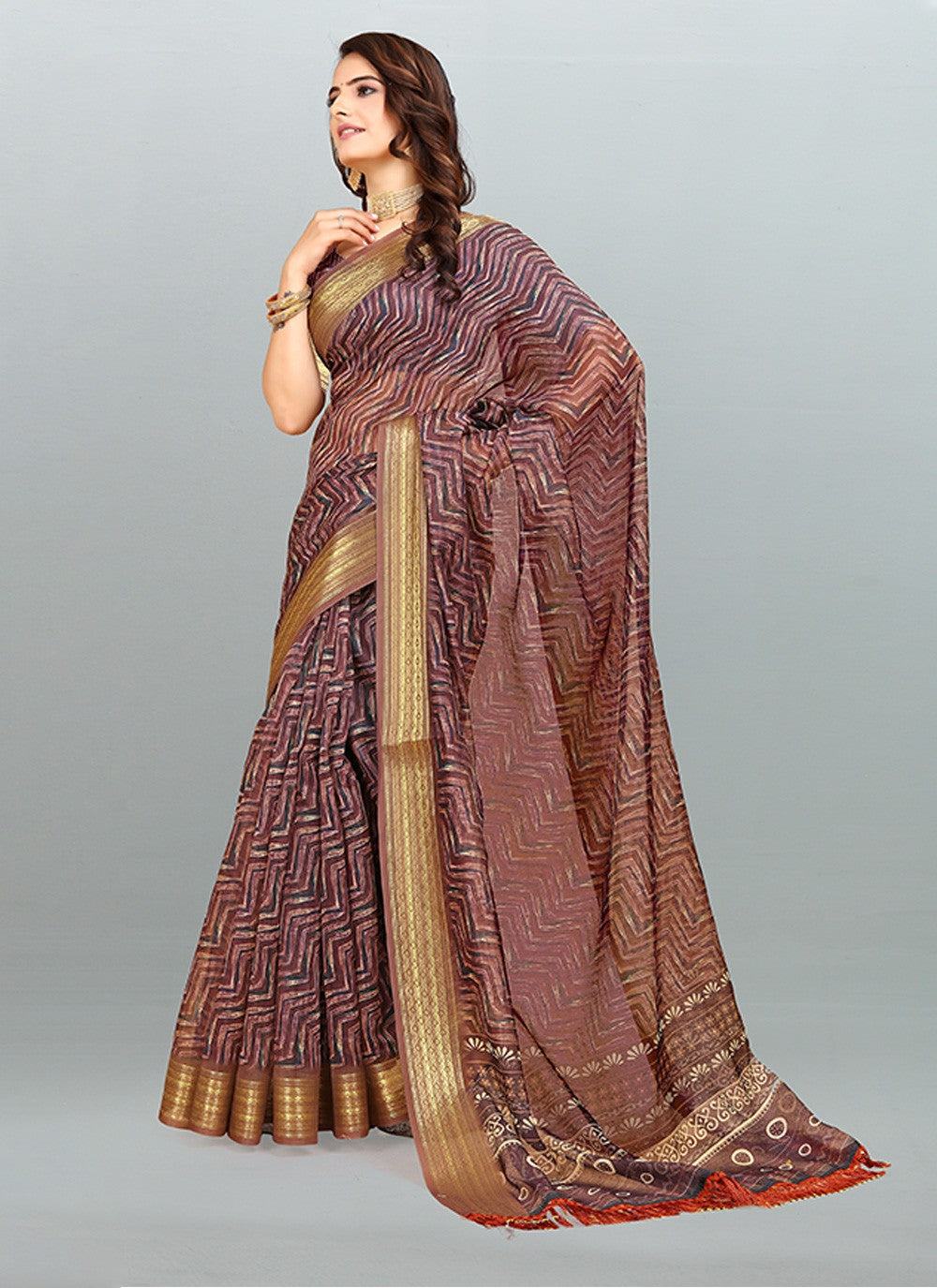 Saree Digital Print Cotton , Jacquard Saree - S3182