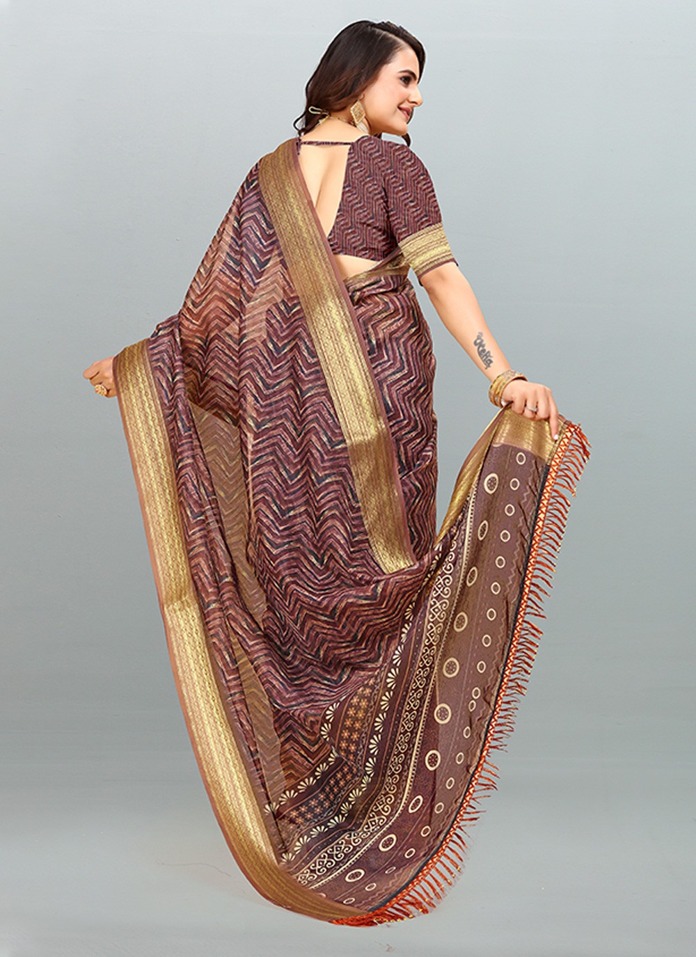 Saree Digital Print Cotton , Jacquard Saree - S3182